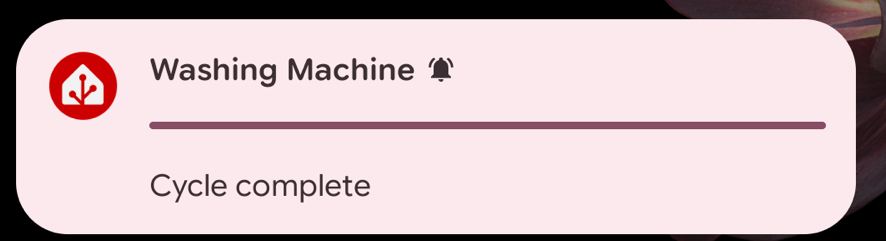 Android Live Update showing "Washing Machine / Cycle complete" on the Lock Screen